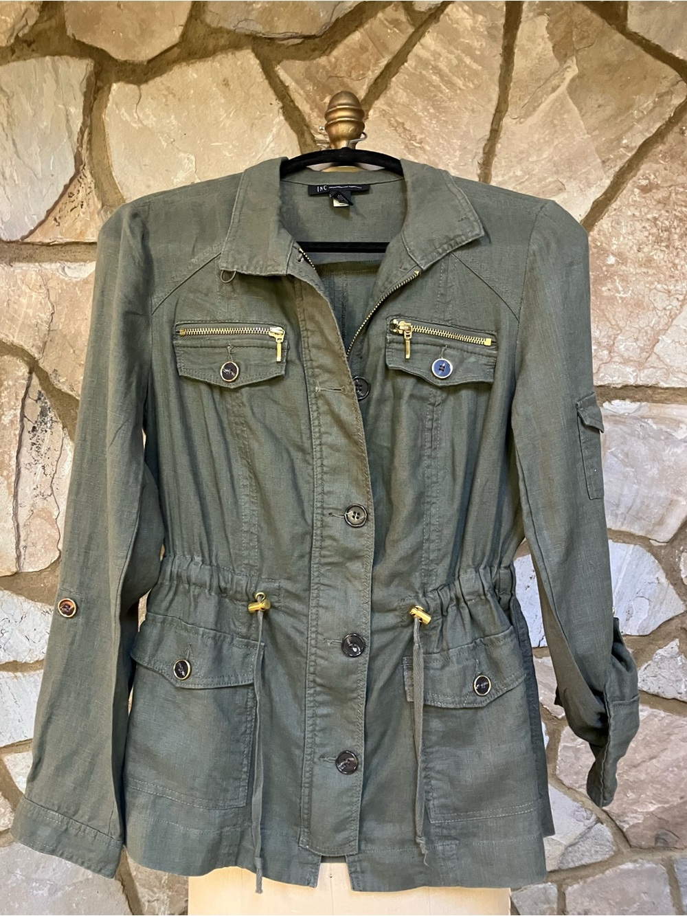 INC Womens Olive Utility Jacket with Drawstring Waist